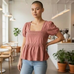 Lucky Brand Peplum Top Women's Medium Brick Red Cotton Schiffley Embroidered